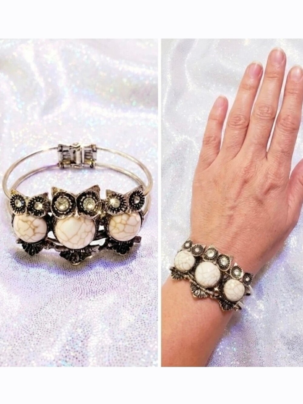 Silver Plated Crystal White Stone Owl Bracelet